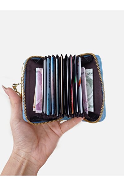 KY Kadın A Kalite Burslu Klipsli Akordiyon Kartlık Cüzdan Mavi Küçük Mini Boy