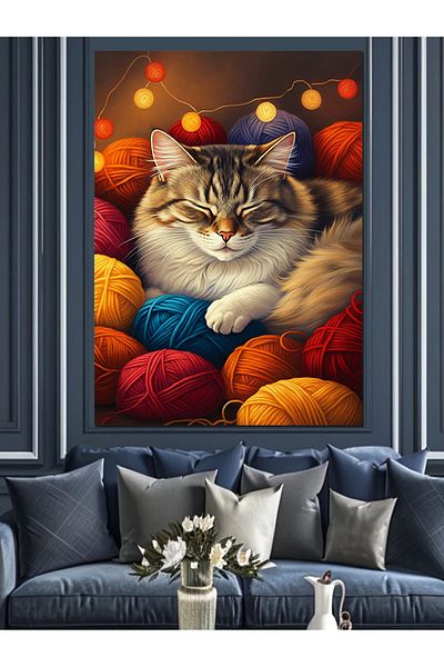 Tablomega Pisica care dorme pe pufuri Pânză decorativă - Lemn MDF