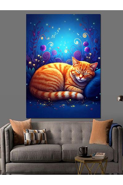Tablomega Blue Lazy Cat at Night Διακοσμητικός Καμβάς - Ξύλινος Πίνακας MDF
