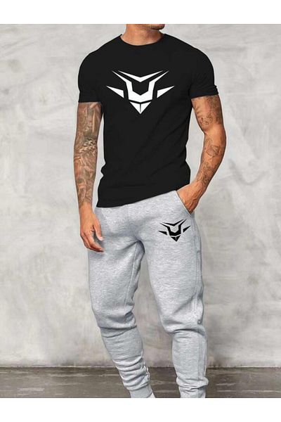 SKYLİGHT Black Oversize Special Design Printed Crew Neck T-Shirt - Gray Jogger Sweatpants Set
