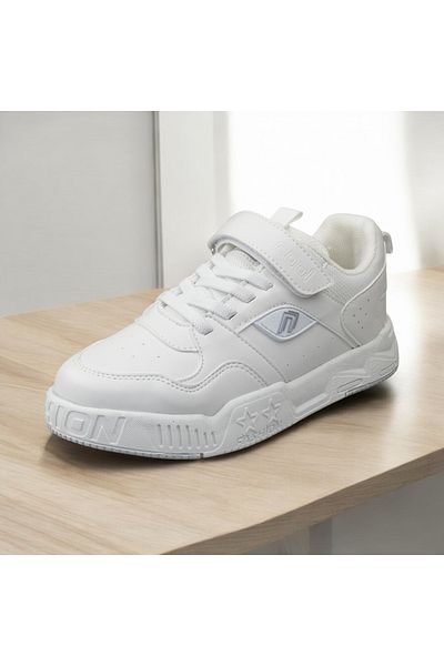JOJO KIDS Adidași unisex pentru copii din piele albă simplă cu velcro, pantofi sport extralight