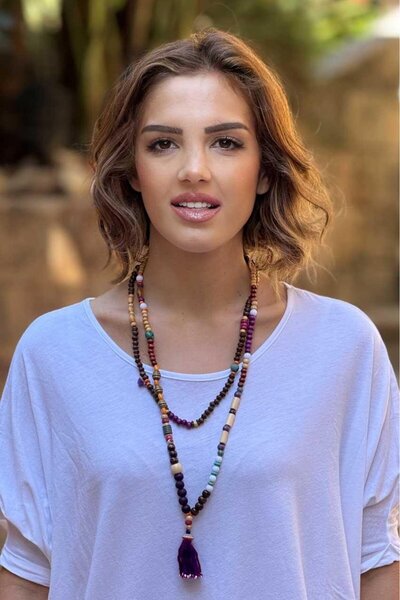 Nevin Kaya Moda Mor Püsküllü Tahta Kolye