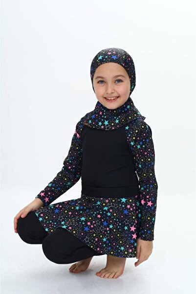 ZAYA Kız Çocuk Yıldız Desenli Hızlı Kuruyan 3 Parça , Tesettür, Etekli Kapalı Mayo