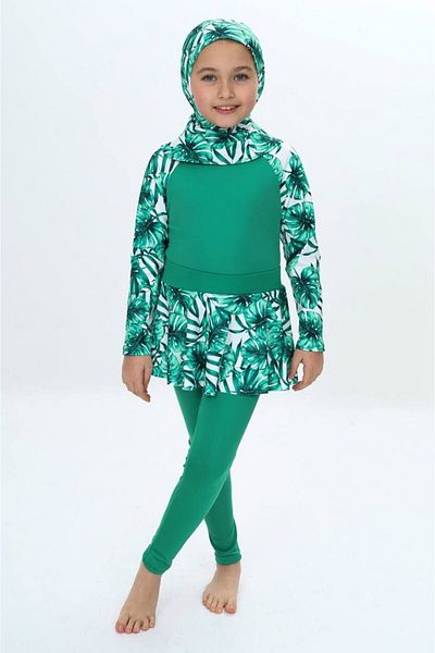 ZAYA Model de frunze pentru fete, cu uscare rapidă, 3 piese, hijab, costum de baie închis cu fustă