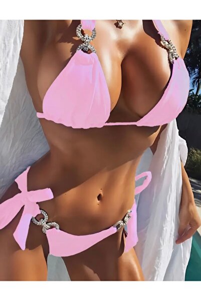 mon chemin zincir detaylı halter bağlamalı askılı 2 parça pembe bikini takımı