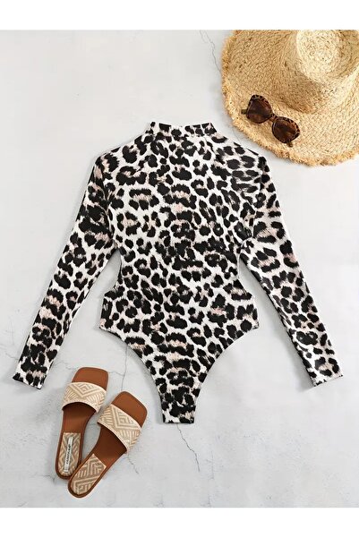 Paragon Kadın Tesettür Tam Kapalı Uzun Kollu Likralı Leopar Desenli Yüzücü Sörf Mayo (Kapsız)
