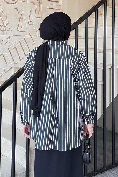 lamelif Cămașă neagră Carla cu dungi Hijab