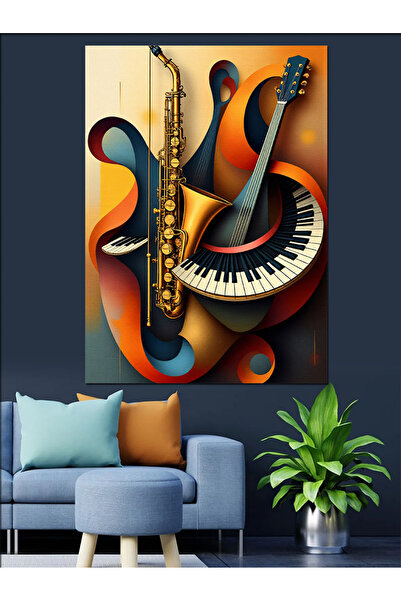 karizmart Saksafon Ve Piyano Kompozisyonu Dekoratif Kanvas - Mdf Ahşap Tablo