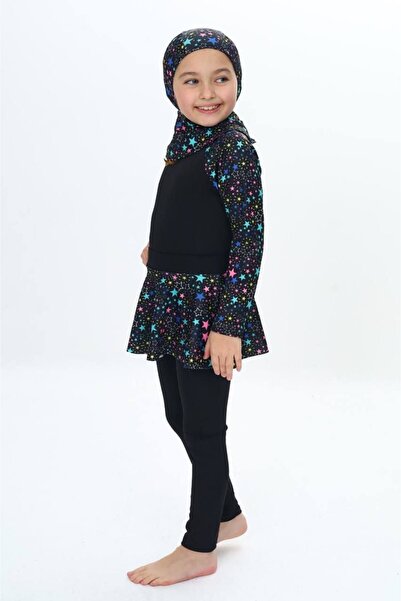 ZAYA Kız Çocuk Yıldız Desenli Hızlı Kuruyan 3 Parça , Tesettür, Etekli Kapalı Mayo