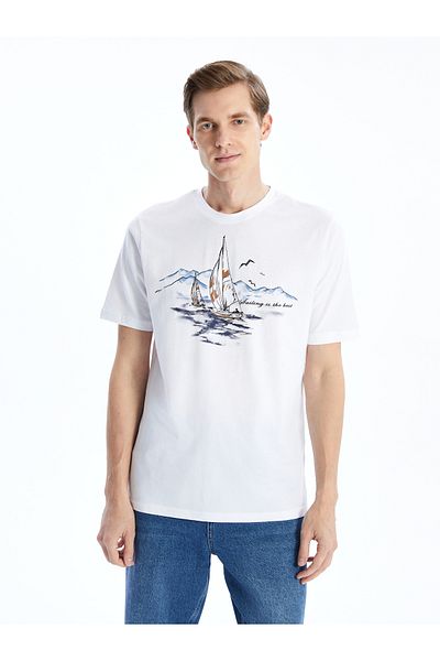 LC Waikiki Kurzärmliges, bedrucktes Herren-T-Shirt aus gekämmter Baumwolle mit Rundhalsausschnitt