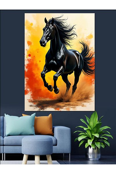 Tablomega Canvas Decorativ Cal Negru Alergat - Tablou din Lemn MDF