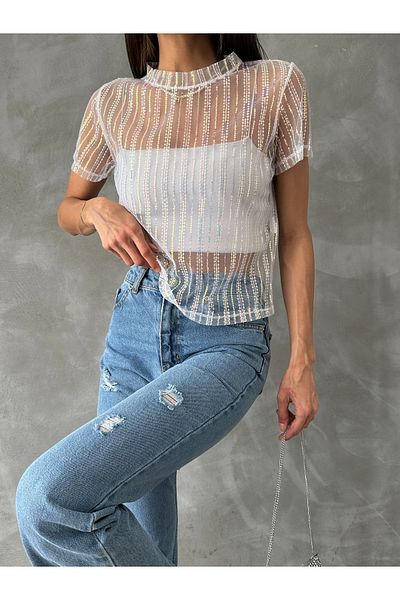 Miss Allos Women's Stripe Pattern Sequins Sequined Tulle Crew Neck Short Sleeve T-Shirt