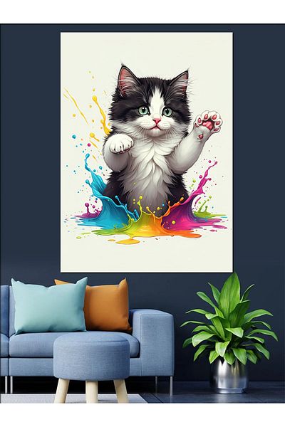 Tablomega Pânză decorativă cu pisică colorată artistică - Lemn MDF