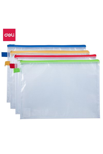 Deli E5596 A4 Zip Bag - Durable Mesh PVC, High Transparency, Metal Zip