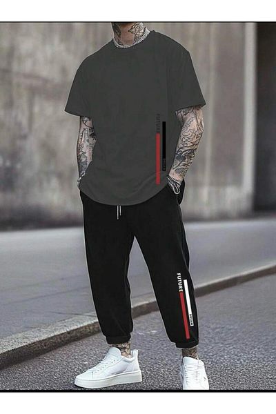 SKYLİGHT Oversize Smoked T-Shirt - Crew Neck, Black Jogger Sweatpants Set
