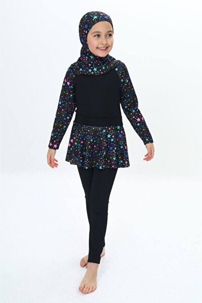 ZAYA Kız Çocuk Yıldız Desenli Hızlı Kuruyan 3 Parça , Tesettür, Etekli Kapalı Mayo