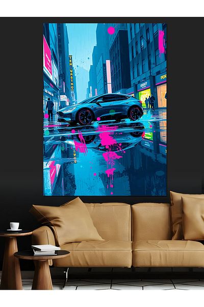 Tablomega Noapte City Sparkle și mașină sport Pânză decorativă - Lemn MDF
