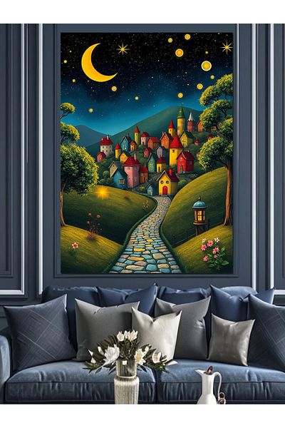 Tablomega Pânză decorativă Starry Village Landscape - Lemn MDF