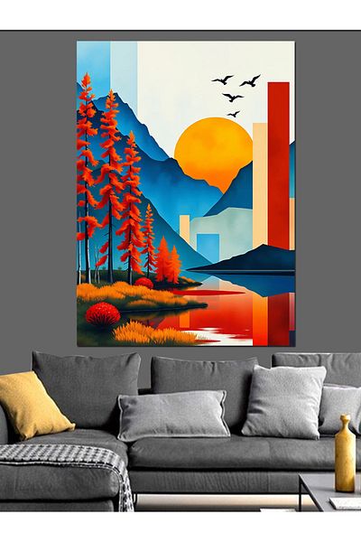 Tablomega Pânză decorativă colorată de munte și apus de soare - pictură din lemn MDF