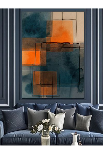 Tablomega Pânză decorativă abstractă portocalie și albastră - pictură din lemn MDF
