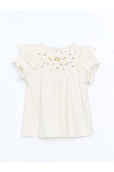 LC Waikiki Ecru Crew Neck Embroidered Baby Girl Blouse and Leggings 2-Piece