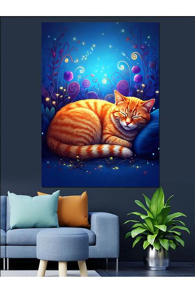 Tablomega Blue Lazy Cat at Night Διακοσμητικός Καμβάς - Ξύλινος Πίνακας MDF