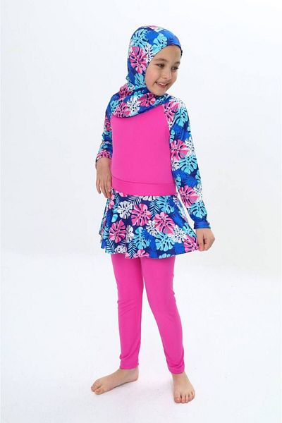 ZAYA Girl's Leaf Patterned Quick Drying 3 Piece, Hijab, Skirted Closed Swimsuit