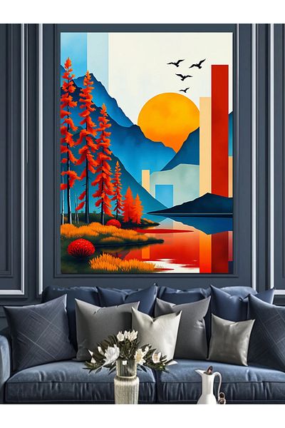 Tablomega Pânză decorativă colorată de munte și apus de soare - pictură din lemn MDF