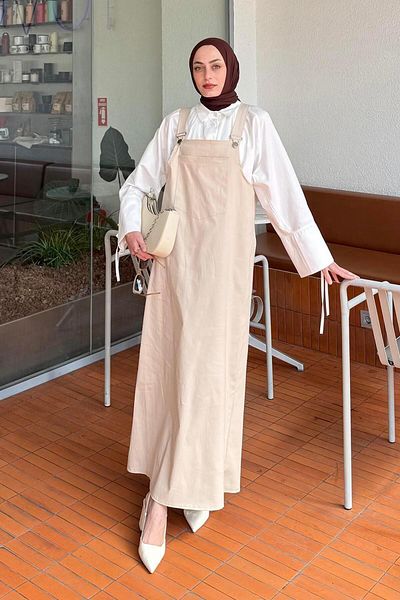 lamelif Μπεζ φόρεμα καγκουρό με τσέπη Hijab