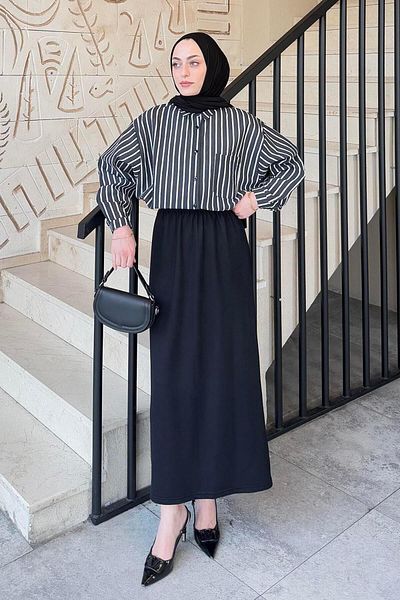 lamelif Cămașă neagră Carla cu dungi Hijab