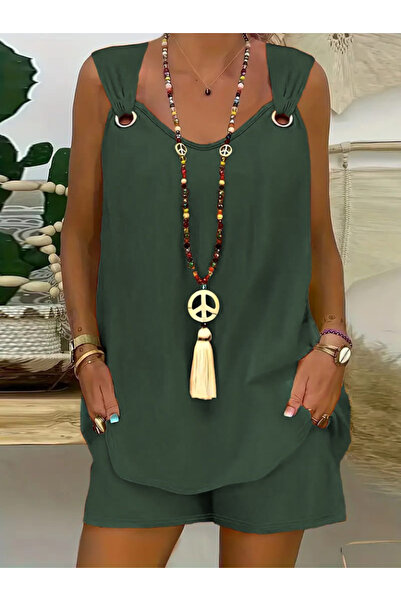 Viyamo Yeni Sezon Kadın Kolsuz V Yaka Kuş Gözü Detay Bluz Short Aerobin Ikili...