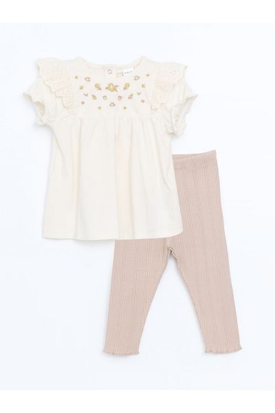 LC Waikiki Ecru Crew Neck Embroidered Baby Girl Blouse and Leggings 2-Piece