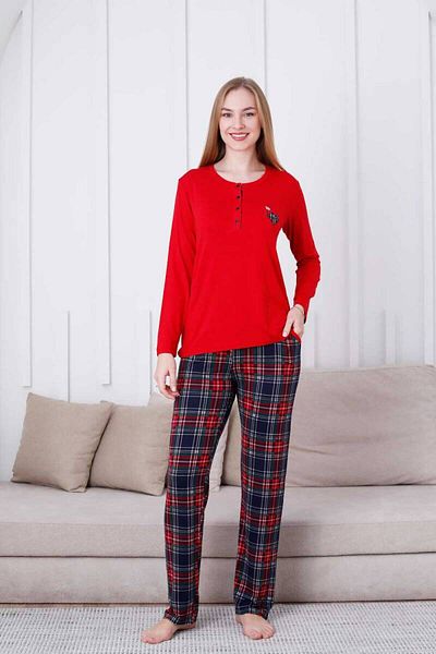 ALİMER Red Plaid Women's Long Sleeve Pajamas Set - Lycra Viscose 2835Uy