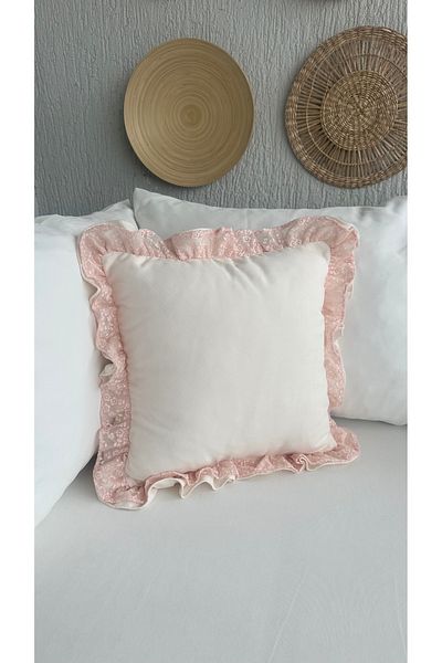 Decamor home Ecru Pink Frilly Throw Pillow Cover with Lace Detail