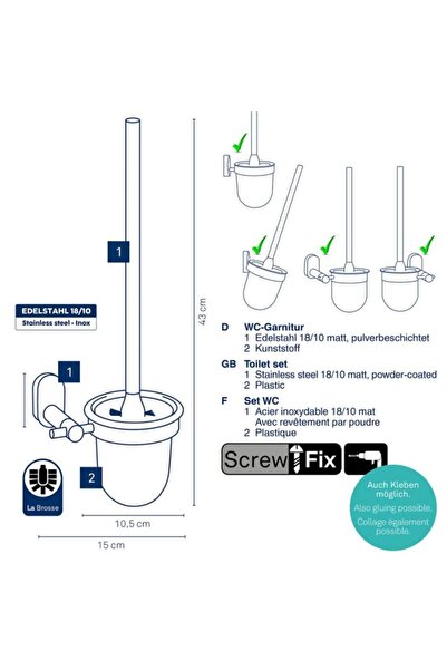 KELA Keck Lang Toilet brush ALESSIO stainless steel 18/10 black 15.0x12.0x43.0cm