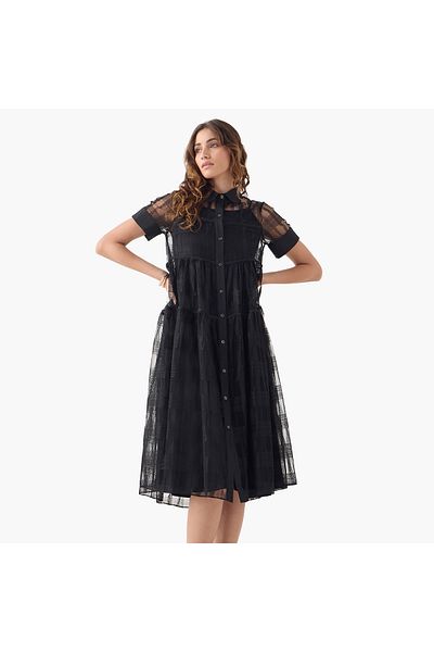 2Xtremz 2Xtremz Mesh Midi Shirt Dress with Short Sleeves and Button Closure