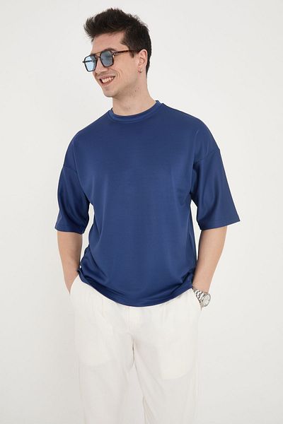 RELAXL "Gâtul de bicicletă din țesătură groasă, tricou supradimensionat pentru bărbați (albastru)"