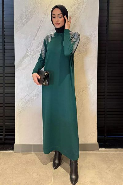 julude Φόρεμα πλεκτό Hijab με Σμαραγδένια Πράσινη Πέτρα