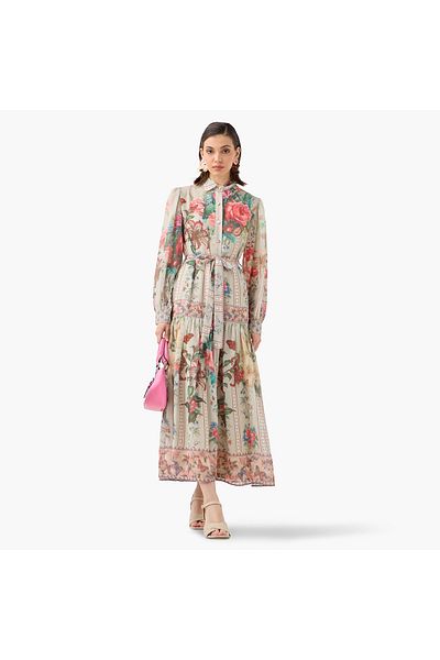 2Xtremz Floral Print Shirt Dress with Long Sleeves and Waist Tie-Up