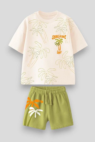 Magu Boy's Textile Ecru Palm Set- Sunshine & Surf Theme T-Shirt and Green Shorts