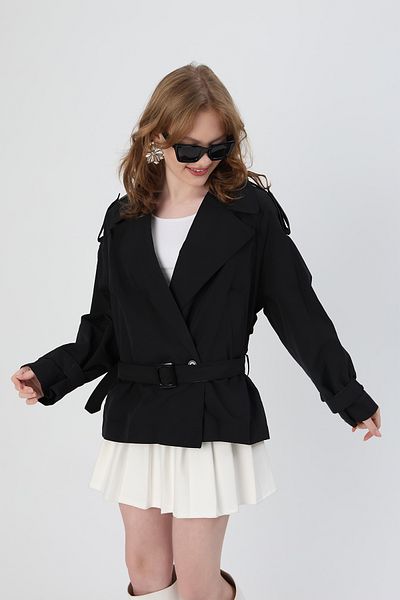 SHULEBOUTİQUE Women's Black Epaulette Oversize Waist Length Trench Coat with Belt