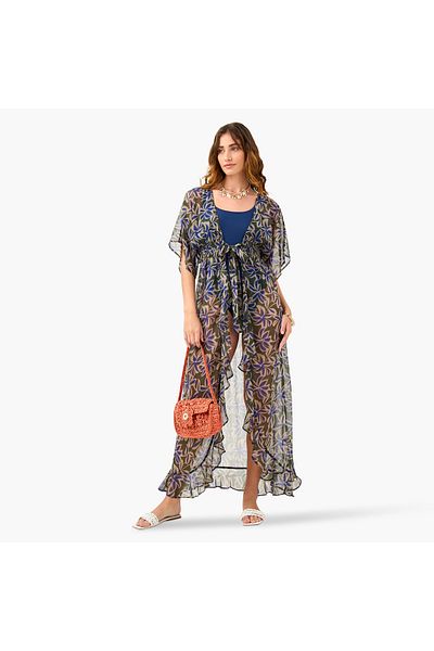 FAV All-Over Floral Print Cover-Up with Tie-Ups and Shirred Detail