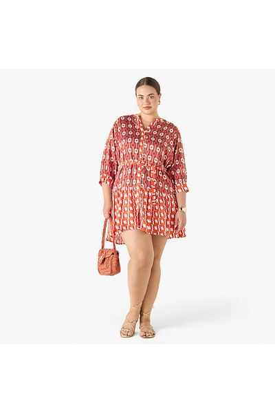 Ulla Popken Plus Size Ulla Popken All-Over Print Dress with 3/4 Sleeves and Tie-Up Belt