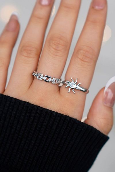 The Collection Set of 2 Zircon Stone Chain and Sun Model Silver Adjustable Women's Ring Set (2 Rings)