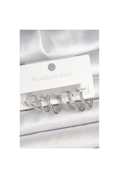 Skygo 3 Pair Heart Man큐Er Model Women Earrings with Zircon Stone, Brass Silver Color