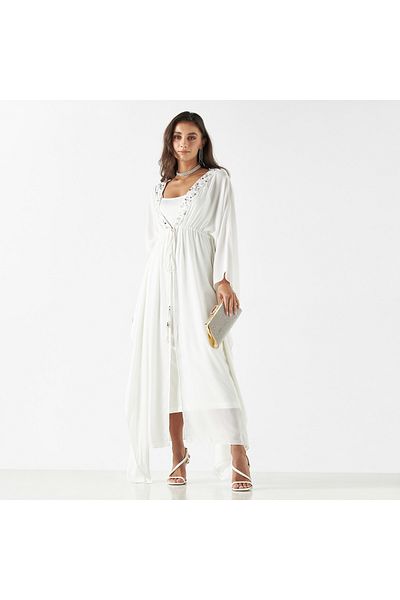 FAV Sequinned Long Sleeves Kaftan Dress with Slit and Tie-Up Detail
