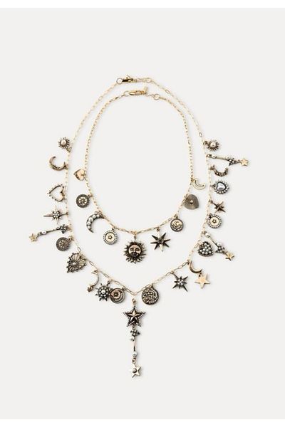 CHARMLUCKY Steel 2-Piece Moon Sun Charm Necklace