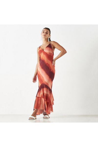 FAV Ombre Print Tiered Sleeveless Dress with V-neck