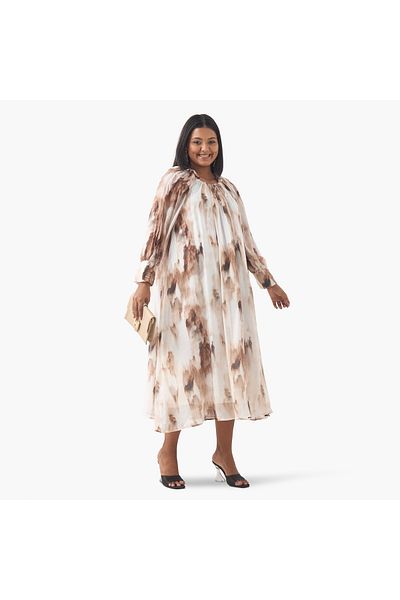 Ulla Popken Plus Size Ulla Popken Printed Dress with Round Neck and Long Slit Sleeves