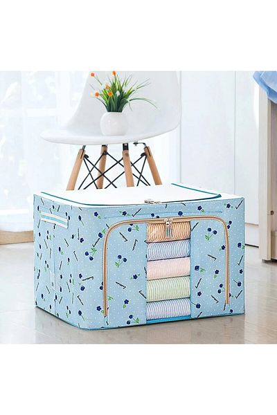 Flippy Foldable Storage Box 66 L, 50x40x33 cm Metal Frame, Plastic Base, Blue Cherry Print